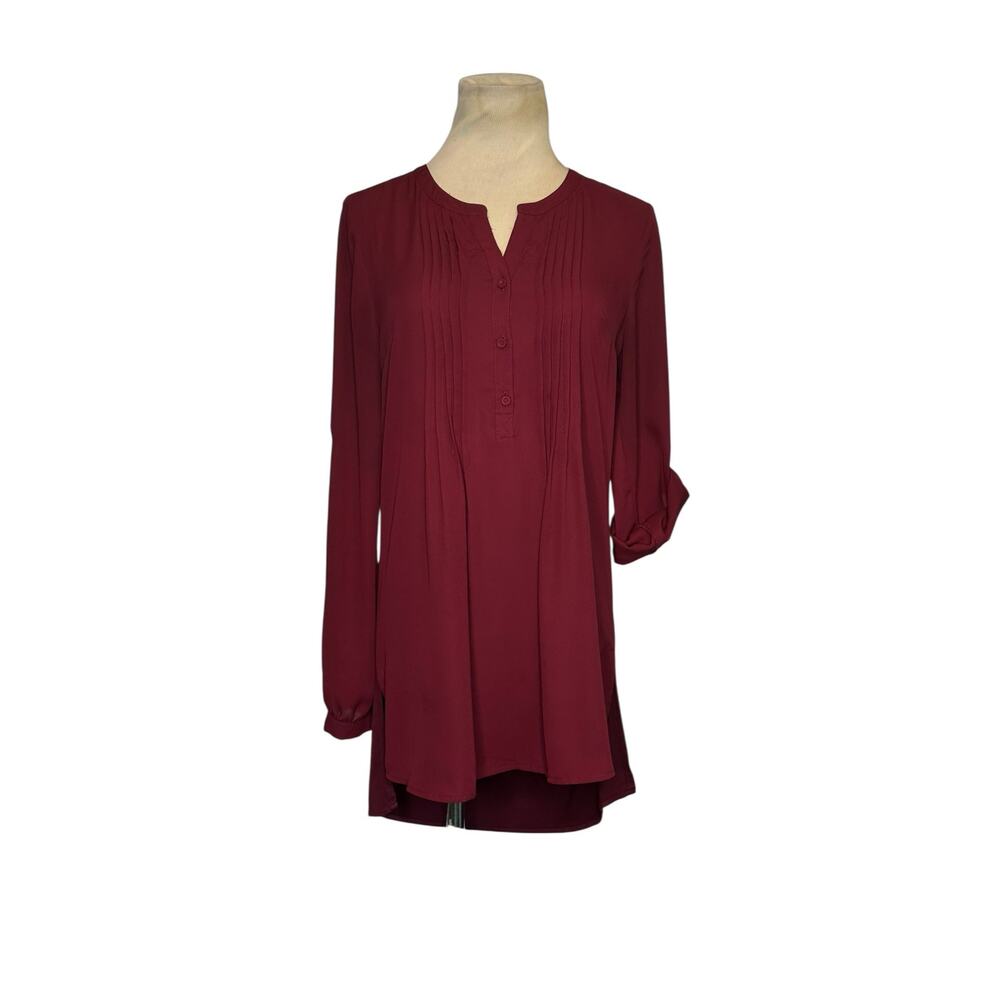 DR2 burgundy long sleeves roll tab tunic blouse size Small